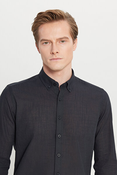 AC&Co / Altınyıldız Classics Erkek Siyah Keten Görünümlü %100 Pamuk Nefes Alabilen Kumaş Flamlı Slim Fit Düğmeli Yaka Gömlek