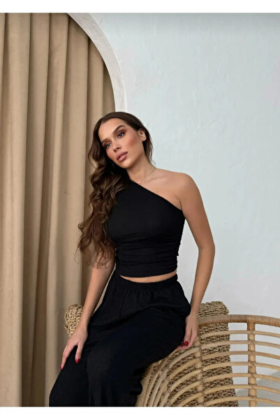 Xenthe Γυναικείο μαύρο ύφασμα Seersucker μπλούζα με έναν ώμο και παντελόνι με...