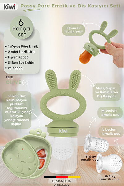 Kiwi Passy Püre Emzik ve Diş Kaşıyıcı Bebek Meyve Süzgeci+Buz Kalıbı- Olive