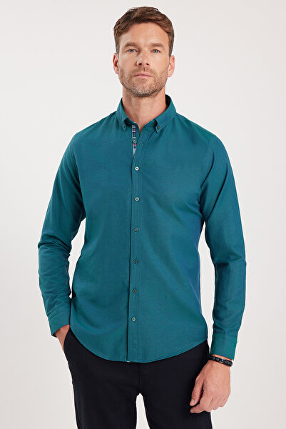 Tudors Pánská košile Oxford Cotton Slim Fit s dlouhým rukávem, zeleným límečk...