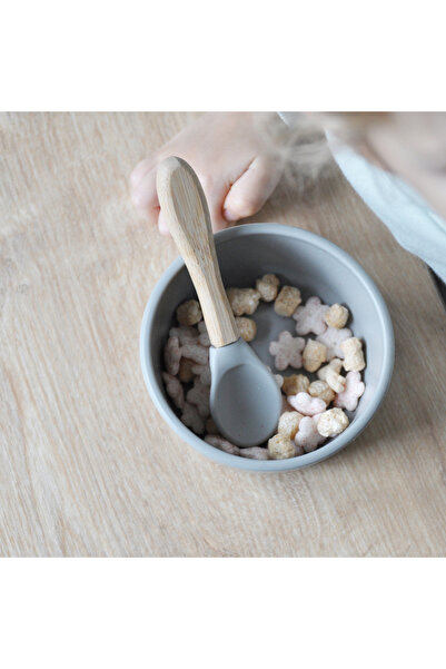 OiOi Bamboo Handle Silicone Feeding Spoon Set of 2 Pinky Pink Powder Gray