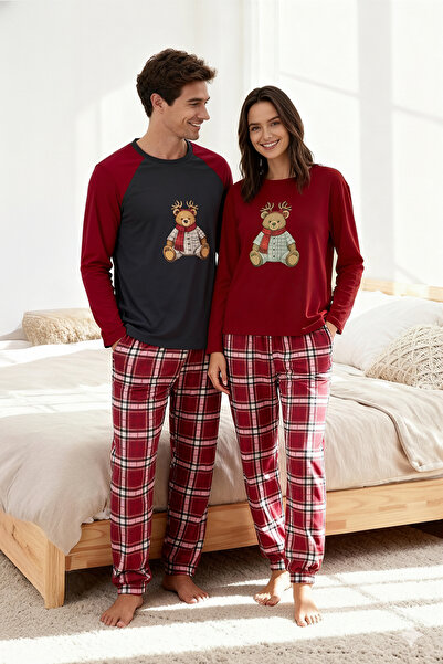 Trendyol Collection Burgundy-Anthracite Regular Fit Plaid Teddy Bear Printed Couple Knitted Pajamas Set Tmnaw26Pt00034