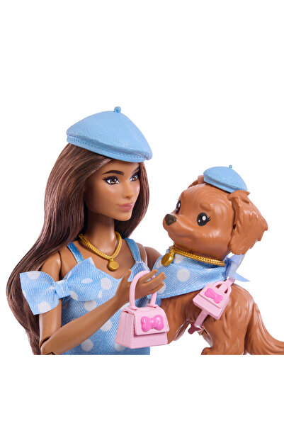 Barbie Uyumlu Dostlar Kahverengi Saçlı Bebek ve Köpekçiği JFP38