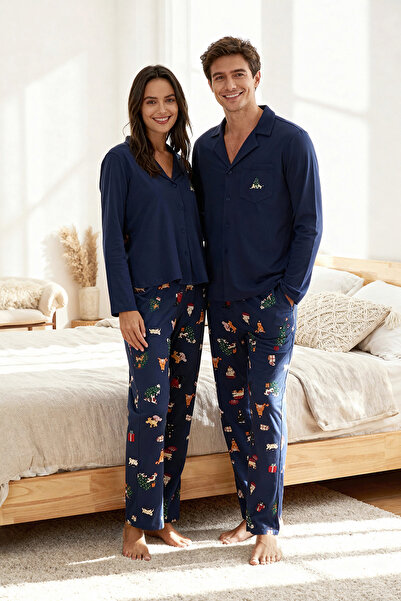 Trendyol Collection Women's Couple/Pair Navy Blue 100% Cotton Christmas Themed Shirt Collar Knitted Pajama Set Thmaw26Pt00172