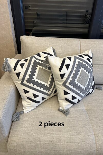 SİMEREV HALI HOME CONSEPT 2 Pieces Cream Fabric Tufted Woven Throw Pillow Case Modern Bohemian Pattern Case with Punch Embroidery