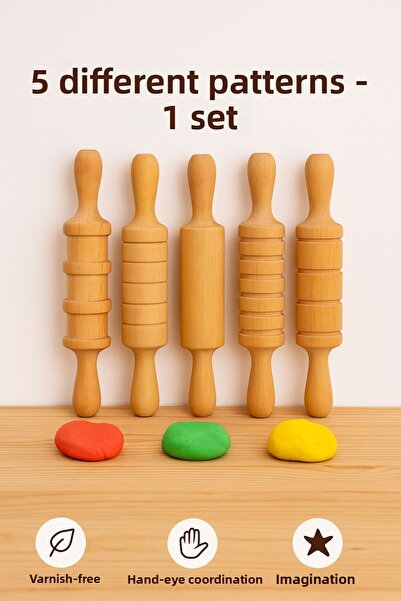 TOYFEST Wooden 5-Piece Roller Set – Natural Hornbeam, Child-Friendly, Suitable for Play Dough and Food