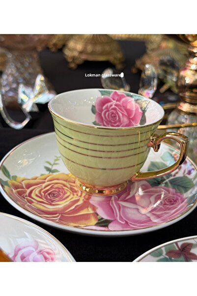 LOKMAN ZÜCCACİYE طقم فناجين قهوة من البورسلين بتصميم زهور ملونة لـ 6 أشخاص (LIA04)