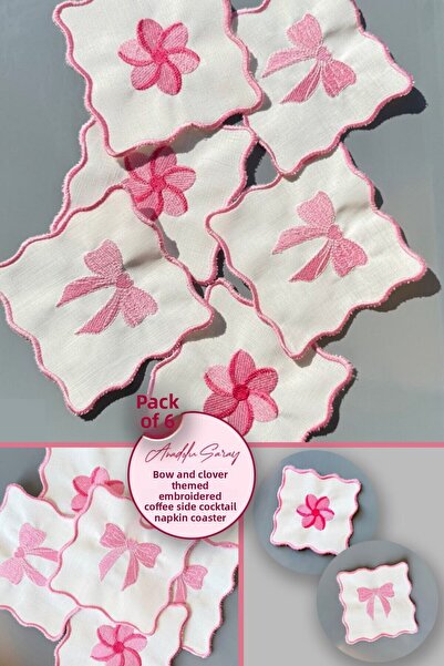 Anadolu Saray 6 Pieces Bow & Clover Themed Linen Coffee Side Cocktail Napkin Coasters
