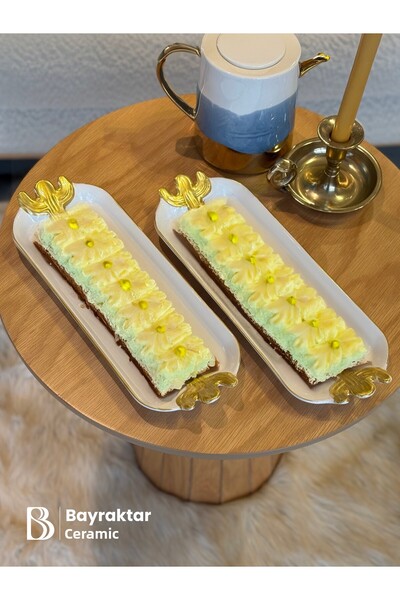 Bayraktar Seramik Gilded Set of 2 Cactus Patterned Presentation Plates 35 X 12 X 2.5 cm