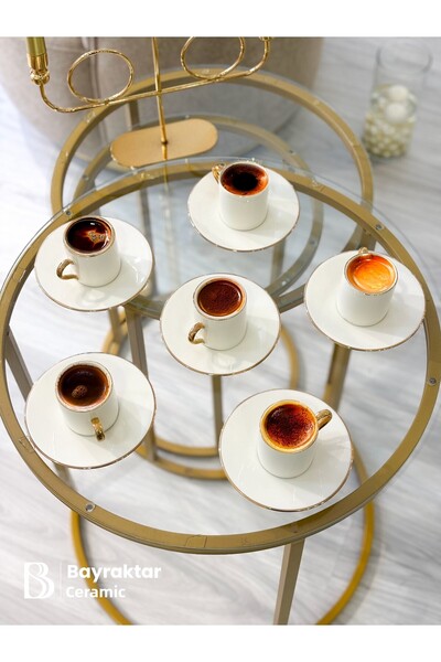 Bayraktar Seramik Gilded 6-Piece Porcelain Turkish Coffee Cup Set 90 ml
