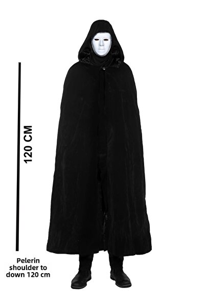 ZERO LAND DS-DERIN Black cu glugă 120 cm Pelerina și mască albă completă pentru față care poate fi vopsită