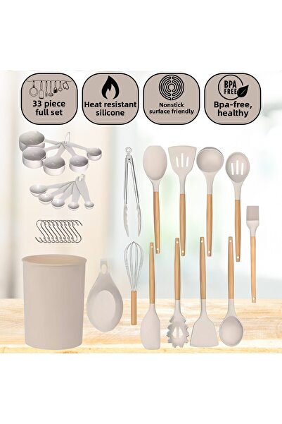 Polham Professional Full Set 33 Pieces Bpa Free Silicone Kitchen Serving Set with Wooden Handle, Serving and Kev