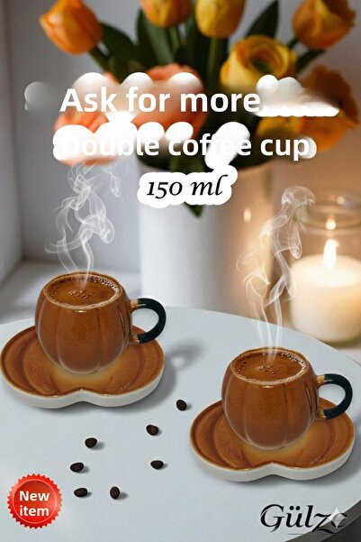 GÜLZE 2 Person (4 Pieces) Carmella Double Coffee Cup (6 Different Colors, 100% Handmade, Special Design)