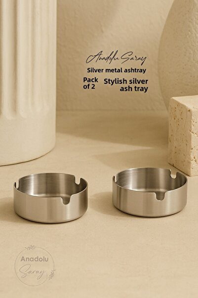 Anadolu Saray 2 Pcs Silver Metal Ashtray – Portable and Modern Design, Stylish Silver Ash Tray