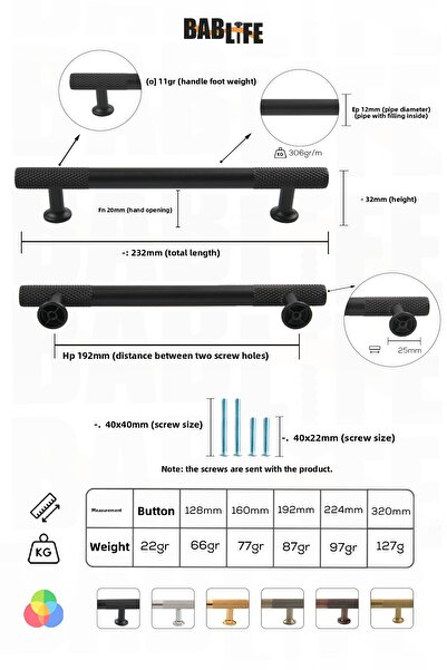bablife Vetra Negru Mat 192mm Metal Sertar de lux Mânere de mobilier pentru dulap