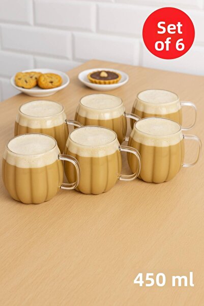 Open Home Concept 6 Pcs Pumpkin Model Borosilicate Coffee Presentation Cup with Handle Soft Drink Cup (450 ml) Civelek