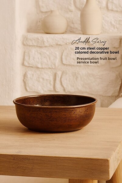 Anadolu Saray 20cm Steel Copper Color Decorative Bowl | Presentation Plate | Fruit Bowl & Serving Bowl