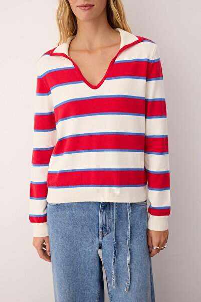 Trendyol Collection Ecru Premium Yarn/Special Yarn Striped Knitwear Sweater Twoaw26Kz00171
