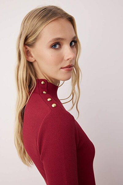 Trendyol Collection Burgundy Stand Collar Button Detail Bodycone/Fitted Ribbed Mini Stretchy Knitted Dress Twoaw26El00092