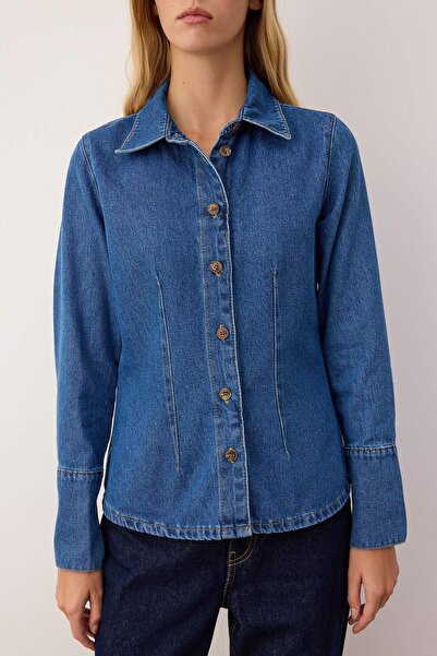 Trendyol Collection Cămașă din denim ajustată cu detaliu manșetă albastră TWOAW26GO00049