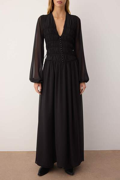 Trendyol Collection Black Shirring Detailed V-Neck Maxi Lined Chiffon Woven Dress Twoaw26El00318