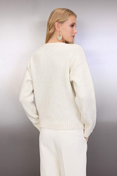Trendyol Collection Beige Sequined Thread Button Detailed Knitwear Cardigan Twoaw26Hi00196