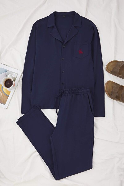 Trendyol Collection Navy Blue Regular Horse Embroidered Shirt-Pants Knitted Pajamas Set Tmnaw26Pt00003