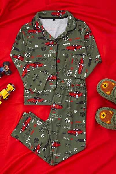 TRENDYOLKIDS Khaki Soft Textured Boys Printed Knitted Pajamas Suit Tkdaw25Au00110