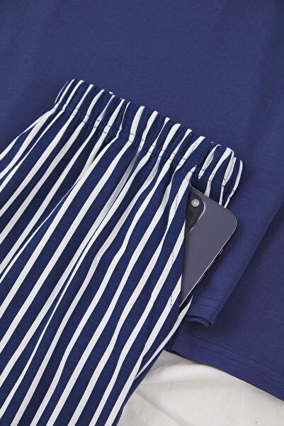 Trendyol Collection Indigo Regular Cotton Long Sleeve Top Teddy Bear Printed Bottom Striped Pajamas Set Tmnaw26Pt00013