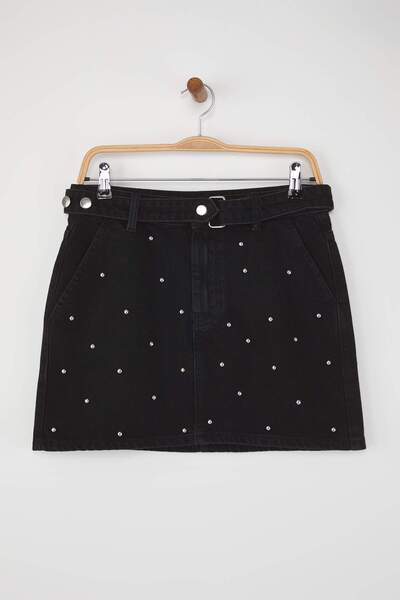 Trendyol Collection Wardrobe Essentials Black Mini Denim Skirt with Accessory Detail Twoaw26Et00075