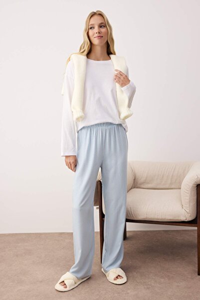 Trendyol Collection Ροζ-Μπλε Πακέτο 2 τεμαχίων Πιτζάμες με καρό και ριγέ υφαντό κάτω μέρος THMAW24PJ00010
