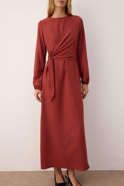Trendyol Modest Φόρεμα με υφή από λινό Dusty Rose TCTSS25EB00129