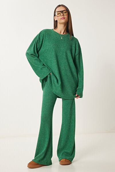Lovelyİstanbul Green Comfortable Ribbed Knitted Blouse and Pants Set - Lrg0014