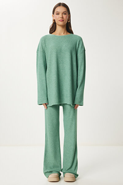 Lovelyİstanbul Σετ πράσινη άνετη μπλούζα και παντελόνι με ραβδώσεις - Lrg0014