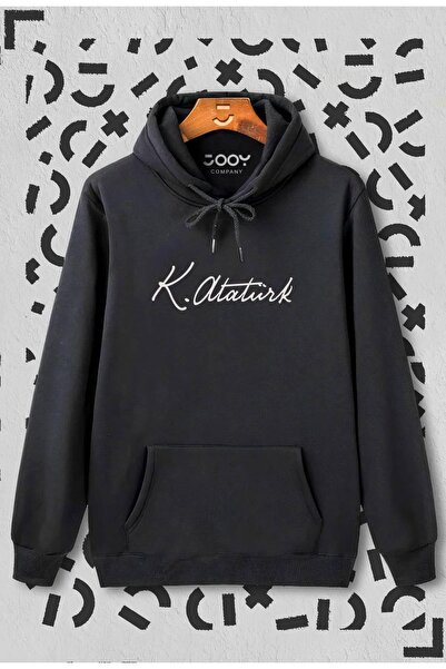 Jooy Company Siyah Unisex Atatürk Imza Baskılı Kapüşonlu Sweatshirt Hoodie