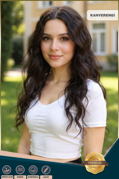 KONAK PERUK Kabarık Dalgalı Uzun Fiber Sentetik Peruk - Kahverengi