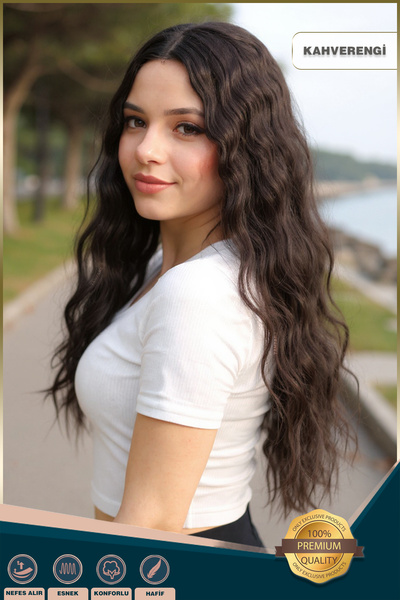 KONAK PERUK Kabarık Dalgalı Uzun Fiber Sentetik Peruk - Kahverengi