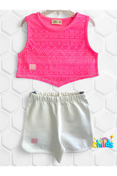 childs Bottom Top Summer Girls' Two-Piece Set Devore Combed Cotton Crop Top Short Combed Cotton Shorts.