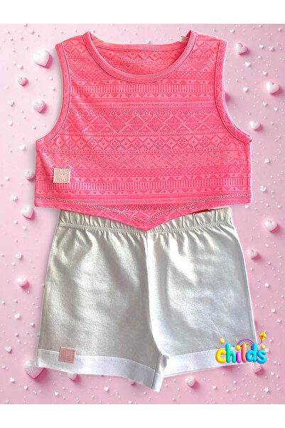 childs Bottom Top Summer Girls' Two-Piece Suit Devore Combed Crop Top Shiny Short Combed Shorts.
