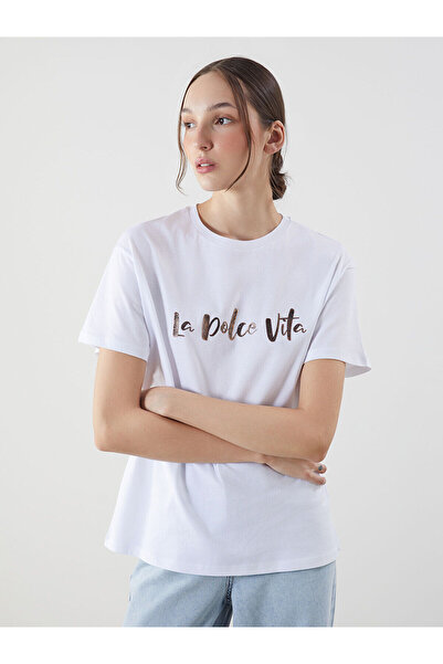 LC Waikiki Nevavm Women's T-Shirt with Oval Collar and Printed Design
