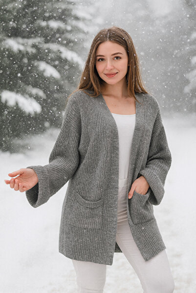 K-ODEA BUTİK Oversize Γκρι πλεκτό γυναικείο μπουφάν