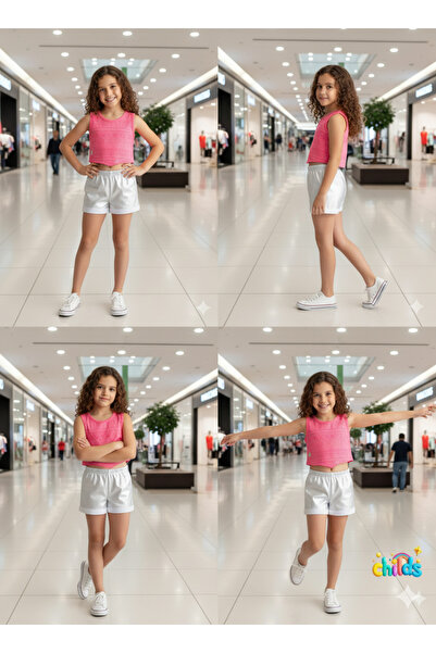 childs Bottom Top Summer Girls' Two-Piece Suit Devore Combed Crop Top Shiny Short Combed Shorts.