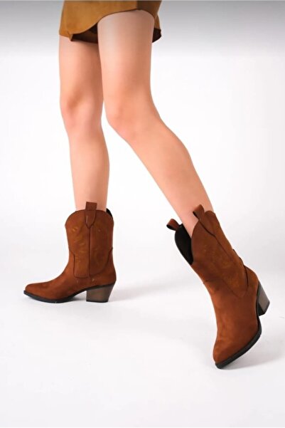 BARAZİ MODA Taba Süet nakışlı Western Bot Çizme kovboy