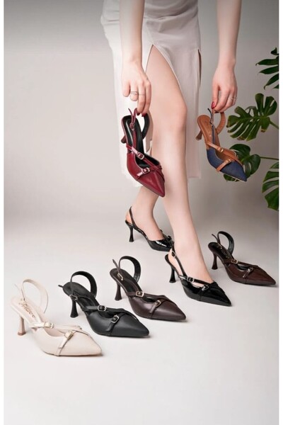 BARAZİ MODA mat kahve Çift Bantlı Toka Detaylı Kadın Topuklu Ayakkabı