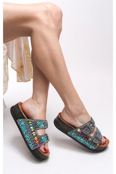 Kocamanlar Ayakkabı Feles Double Buckle Cork Sole Stone Detailed Women's Slippers Black