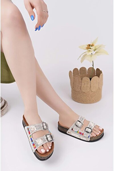 Kocamanlar Ayakkabı Feles Double Buckle Cork Sole Stone Detailed Women's Slippers White