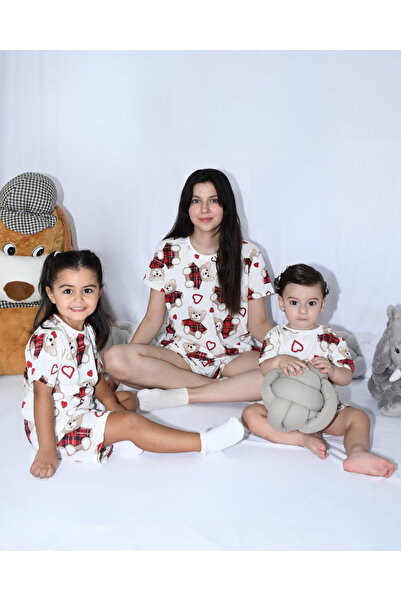 Drop Kids ANNE ÇOCUK KOMBİN PİJAMA TAKIMI EKOSE AYI DESEN KISAKOL ŞORT (TEK TEK SATILMAKTADIR)