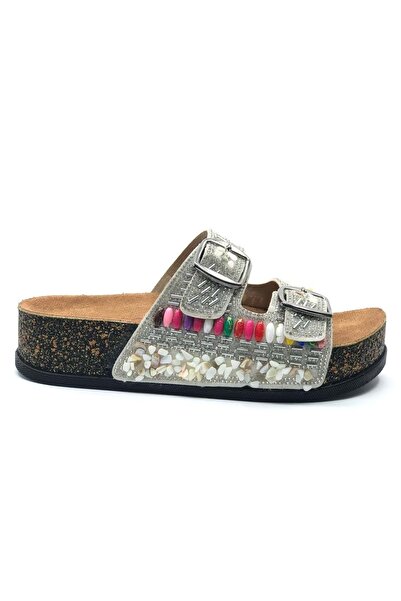 Kocamanlar Ayakkabı Feles Double Buckle Cork Sole Stone Detailed Women's Slippers White