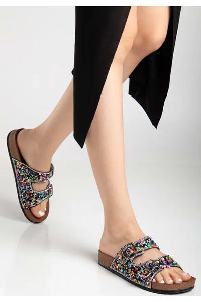 Kocamanlar Ayakkabı Feles Double Buckle Cork Sole Stone Detailed Women's Slippers Black