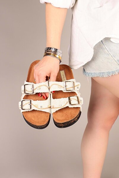 Kocamanlar Ayakkabı Feles Double Buckle Cork Sole Stone Detailed Women's Slippers White
